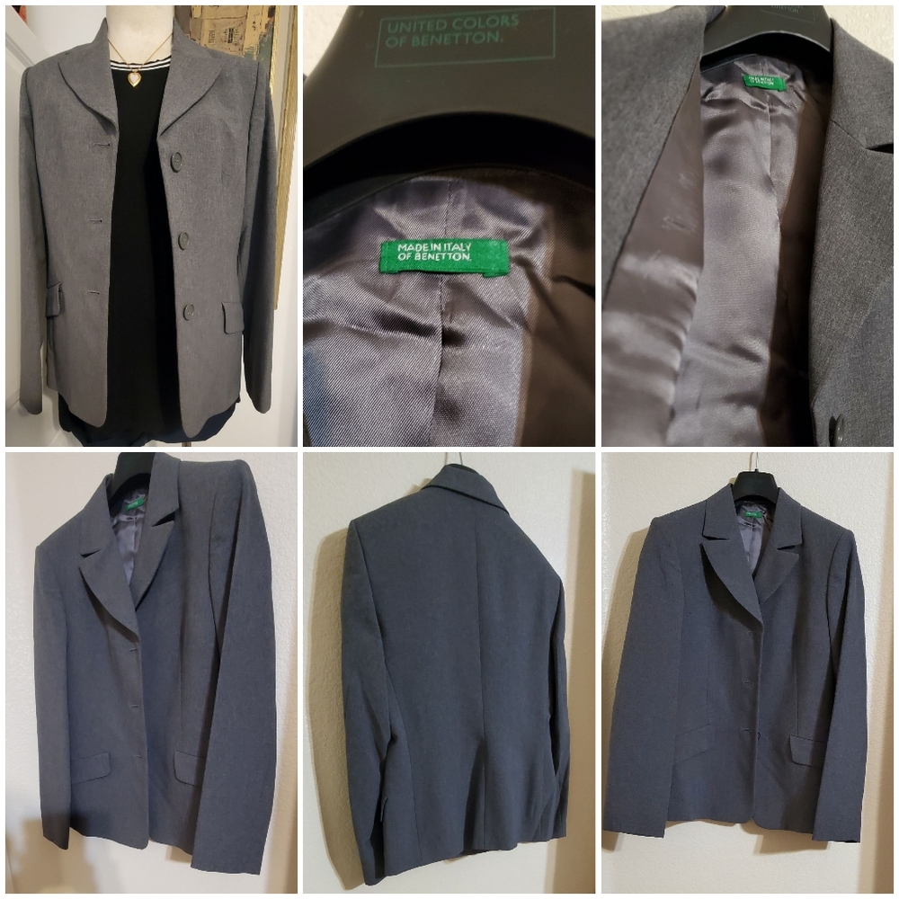 BENETTON GRAY WOMEN'S BLAZER Career Jacket -Made in Italy-  Size-M